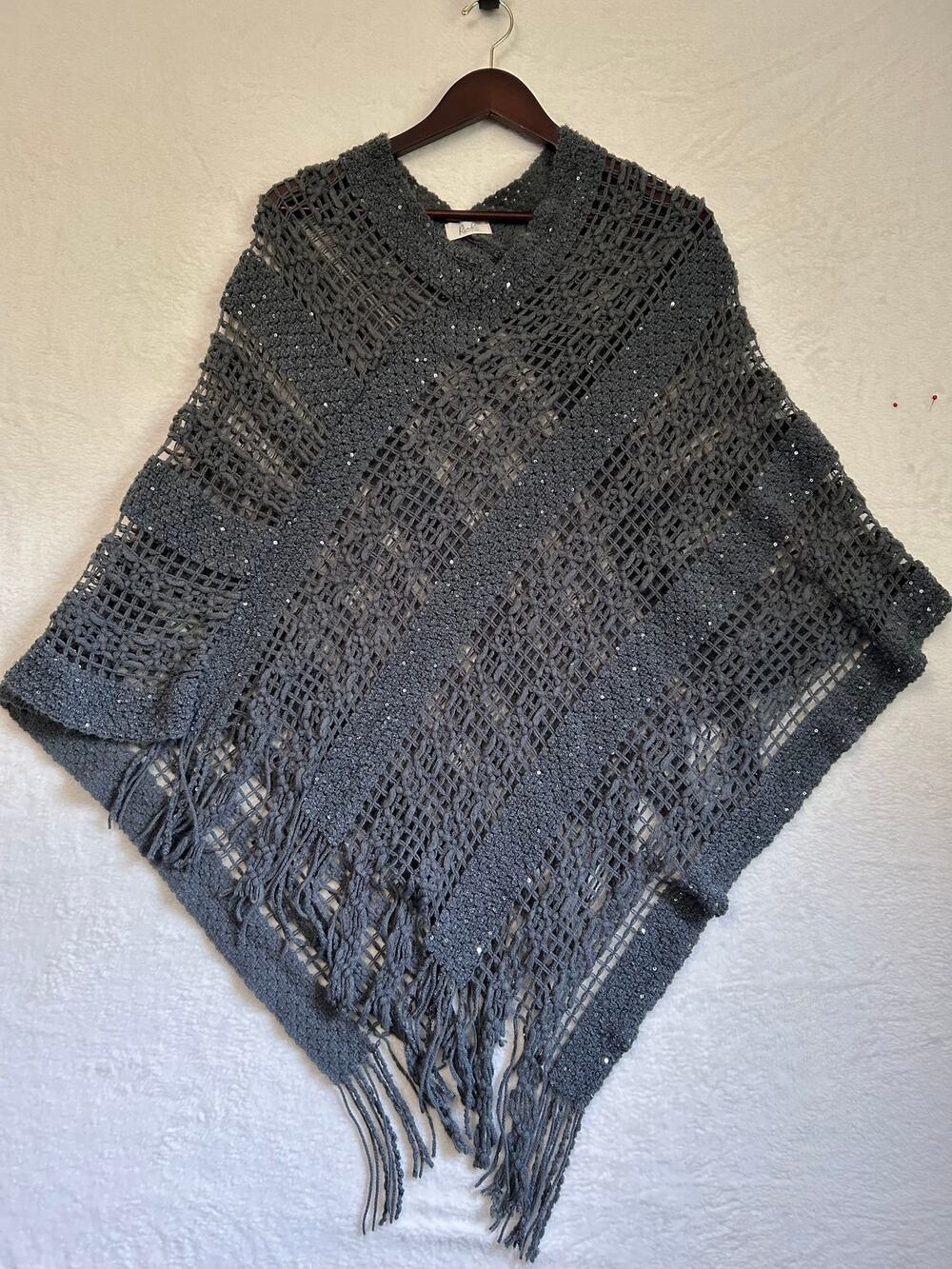 Riah Fashion Gray Rhinestone Metallic Knit Boho Shawl Wrap One Size